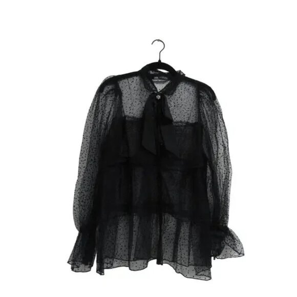 Women's Size M Bow Tie Dotted Mesh Tiered Black Long Sleeve Blouse - Picture 2 of 4